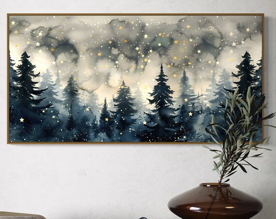 Starry Night In The Foggy Forest Panoramic Pine Tree Art Print Moody Greenery Wall Decor For Above Bed