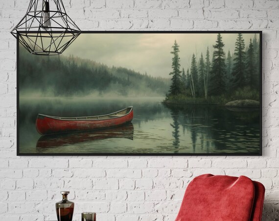 Misty Lake Canoe Vintage Boat Art Print Rustic Charm Wall Decor For Lake House Atmospheric And Moody Forest Home Decore