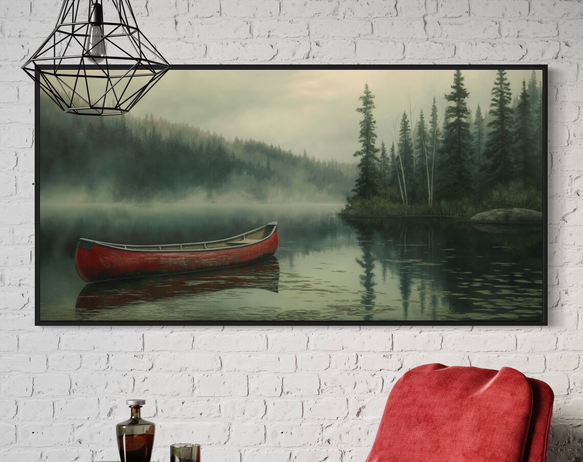 Red Canoe Misty Lake Dark Pine Forest Moody Vintage Boat Art Poster