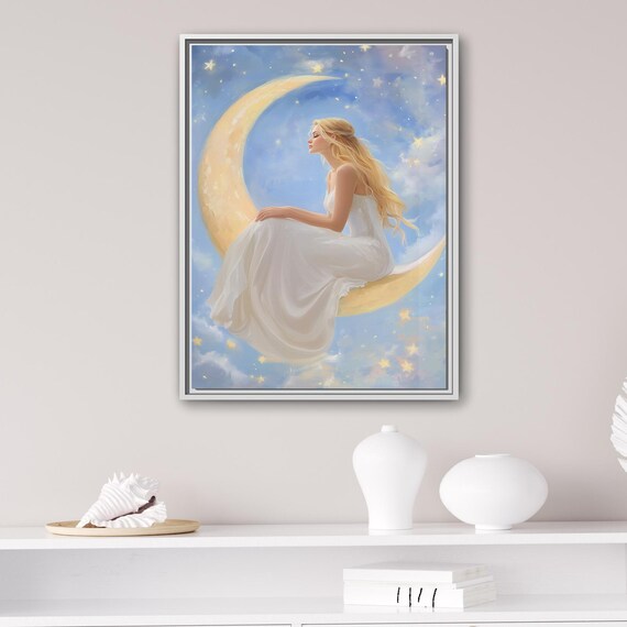 Crescent Moon Dreamy Woman Canvas Print Light Fantasy Framed Painting Whimsical Wall Art