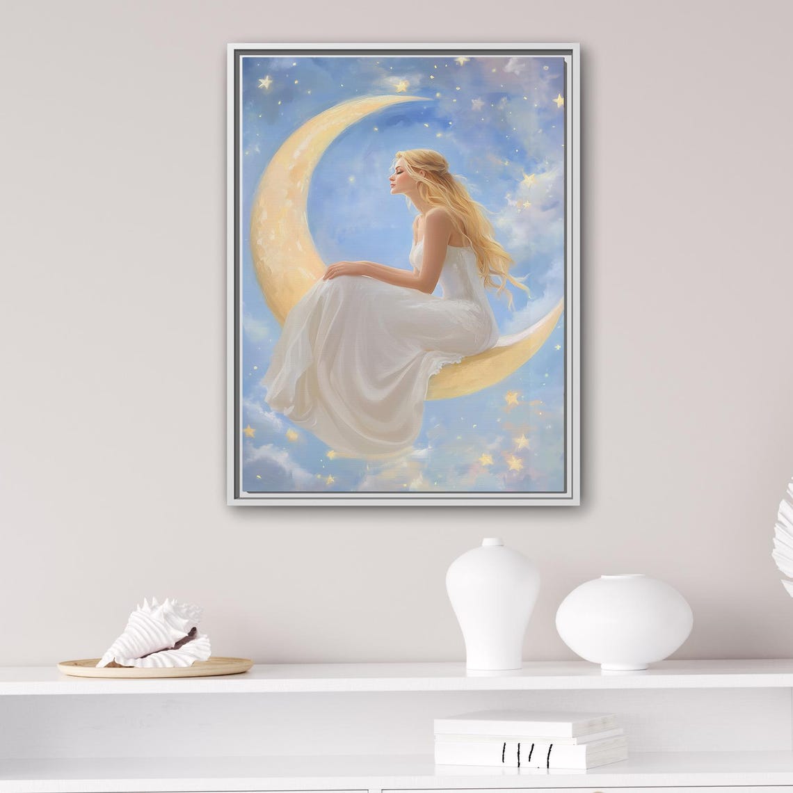 Crescent Moon Dreamy Woman Canvas Print Light Fantasy Framed Painting Whimsical Wall Art