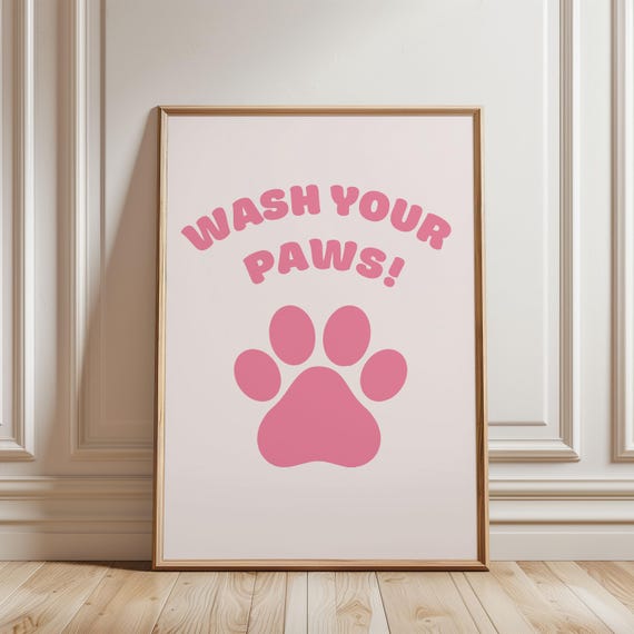 Wash Your Paws Toilet Wall Art Funny Cat Pink Quote Cute Bathroom Decor Hands Reminder