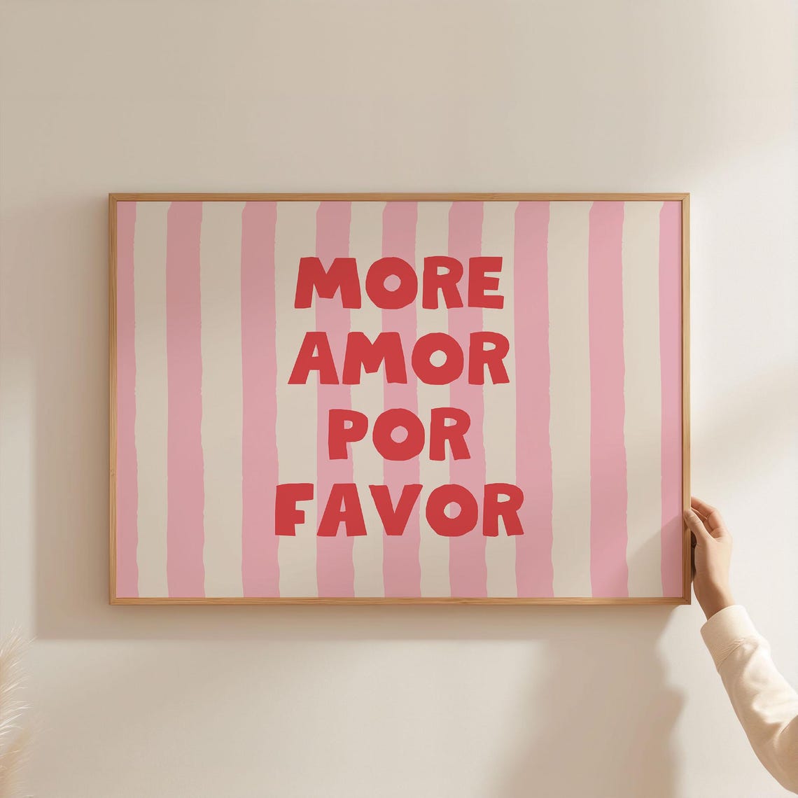 More Amor Por Favor Pink Stripes Red Typography Horizontal Wall Art