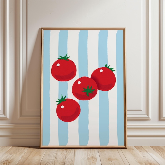 Red Tomatoes Blue Stripe Modern Kitchen Fruit Food Art Poster