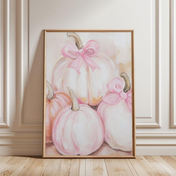 Soft Pink Pumpkins With Bows Autumn Coquette Fall Painting Art Poster