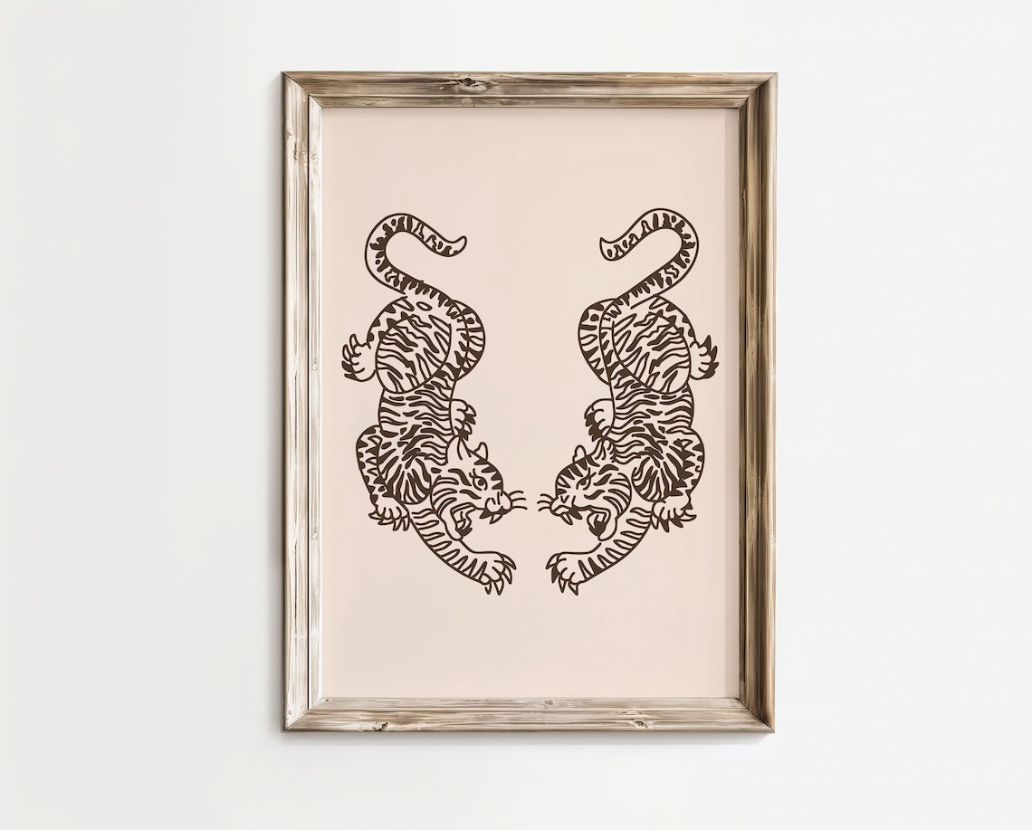 Twin Tigers Symmetric Japanese Line Art Minimalist Art Poster