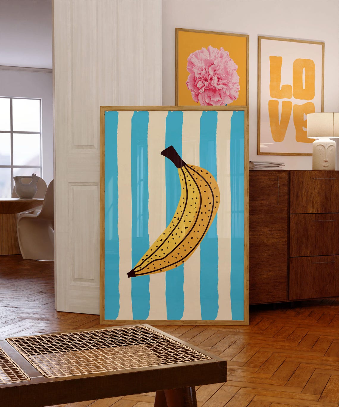 Bold Yellow Banana Blue White Stripes Retro Kitchen Decor Poster