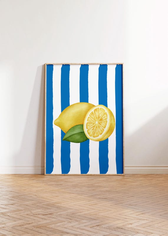 Colorful Lemon Fruit Kitchen Wall Art Striped Line Pattern Blue Yellow Decor Prints Home