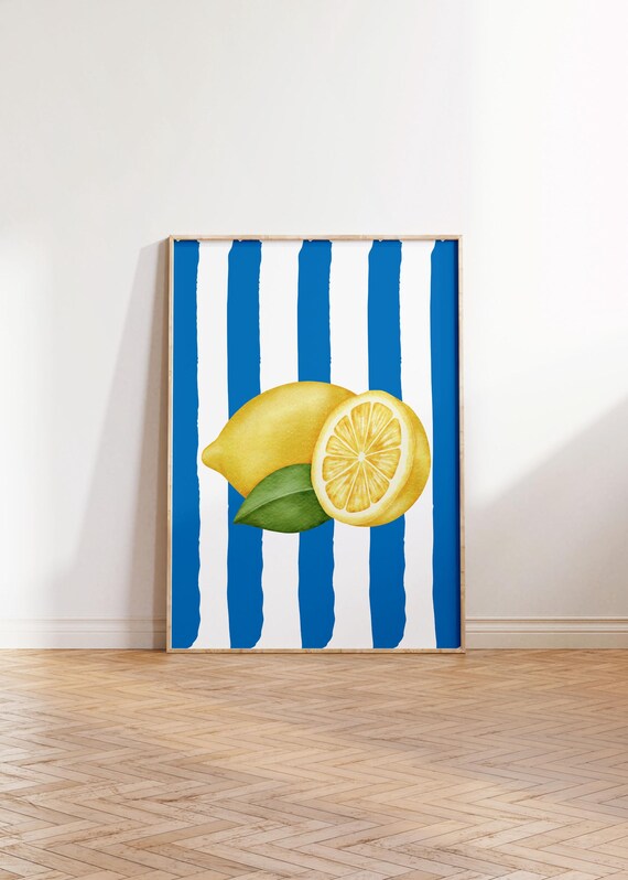 Watercolor Lemons Blue White Stripes Summer Kitchen Art Poster