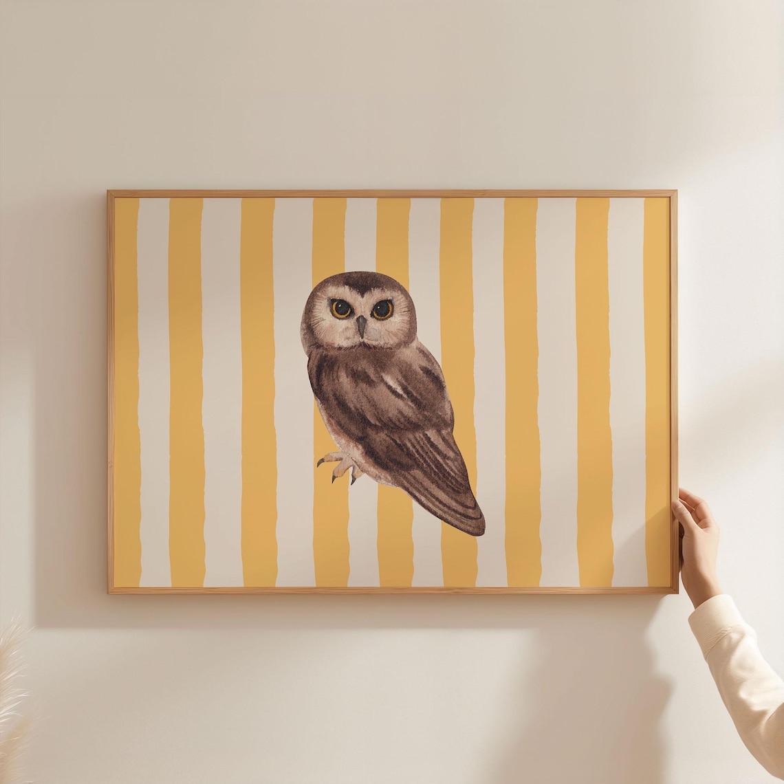 Cute Owl Watercolor on Yellow White Stripes Nursery Animal Poster