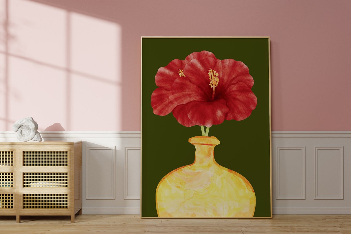 Red Hibiscus Flower Yellow Vase Bold Green Modern Botanical Wall Art