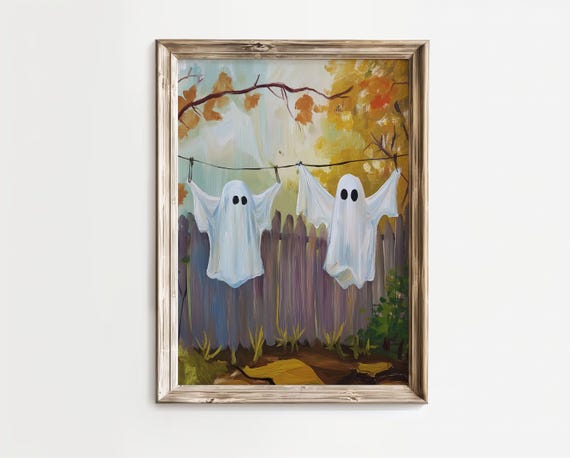 Ghosts Hanging On Laundry Line Autumn Yard Cute Halloween Poster