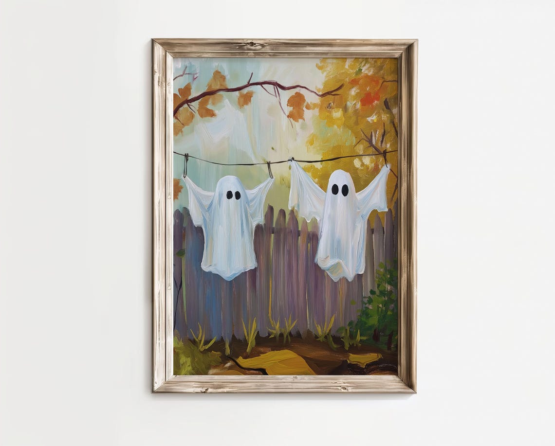 Ghosts Hanging On Laundry Line Autumn Yard Cute Halloween Poster