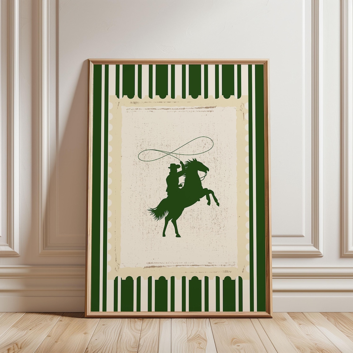 Vintage Green Rodeo Cowboy Horse Silhouette Western Style Poster