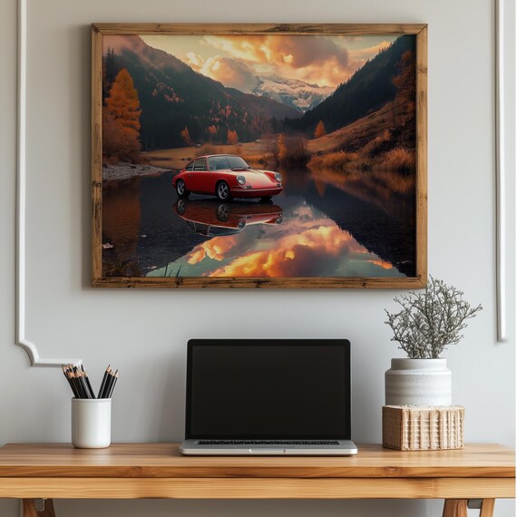 Red Sports Vehicle Wall Art Autumn Riverside Decor Moody Landscape Classic Auto Artwork