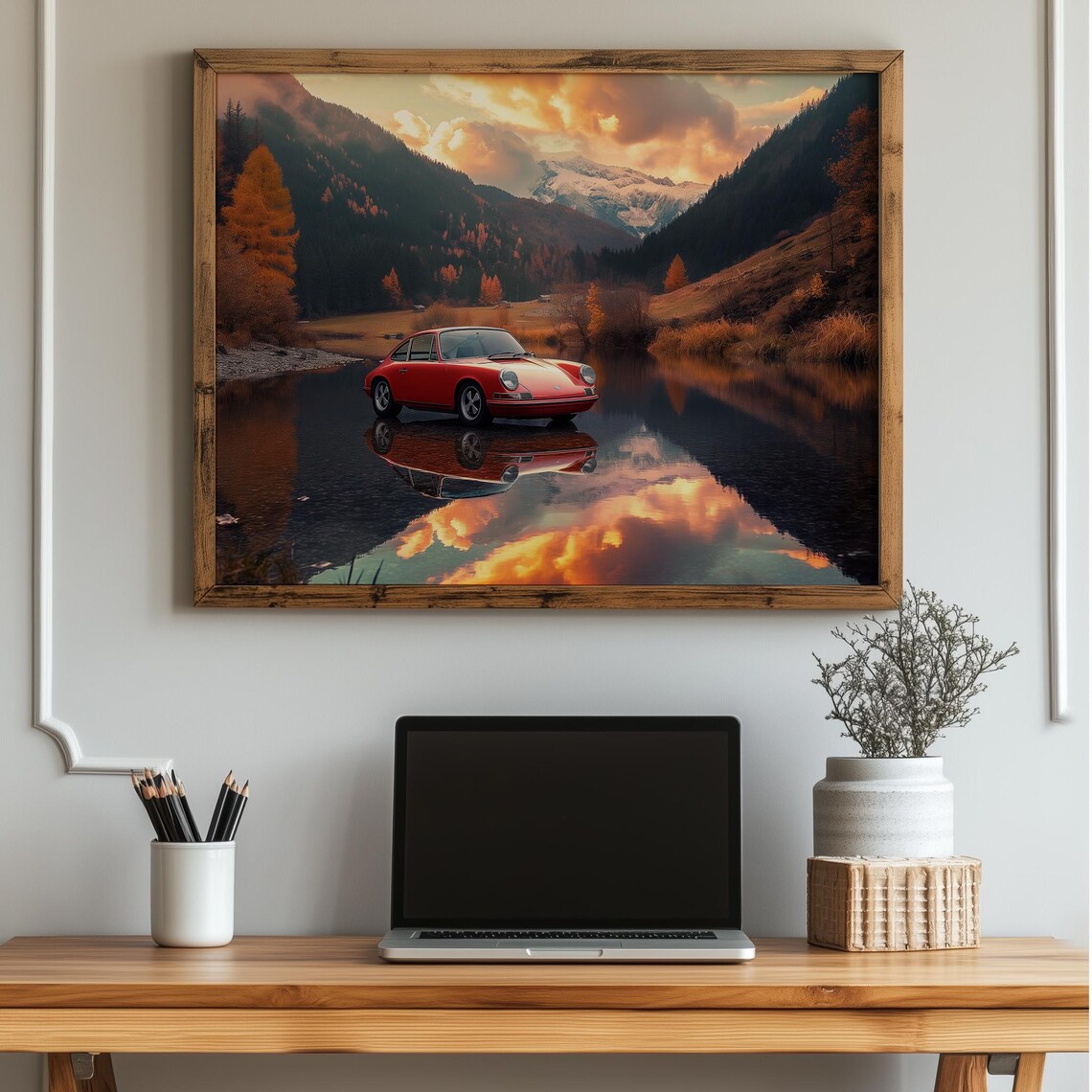Red Classic Sports Car Mountain Lake Sunset Reflection Art Print