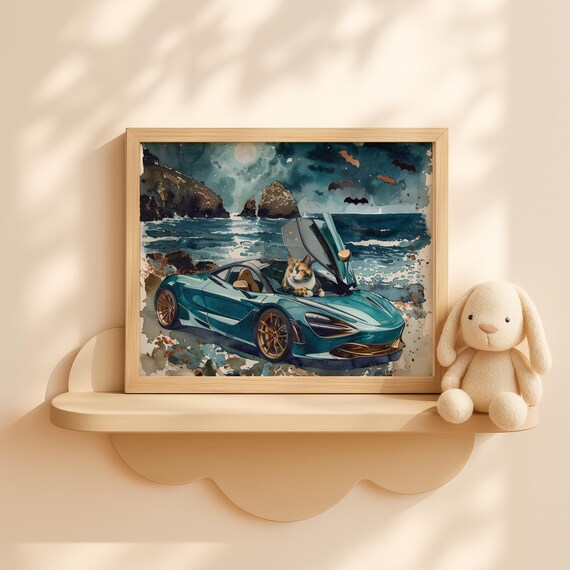McLaren Supercar Coastal Night Calico Cat Moonlight Drive Poster