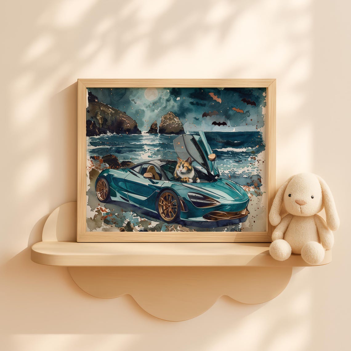 McLaren Supercar Coastal Night Calico Cat Moonlight Drive Poster