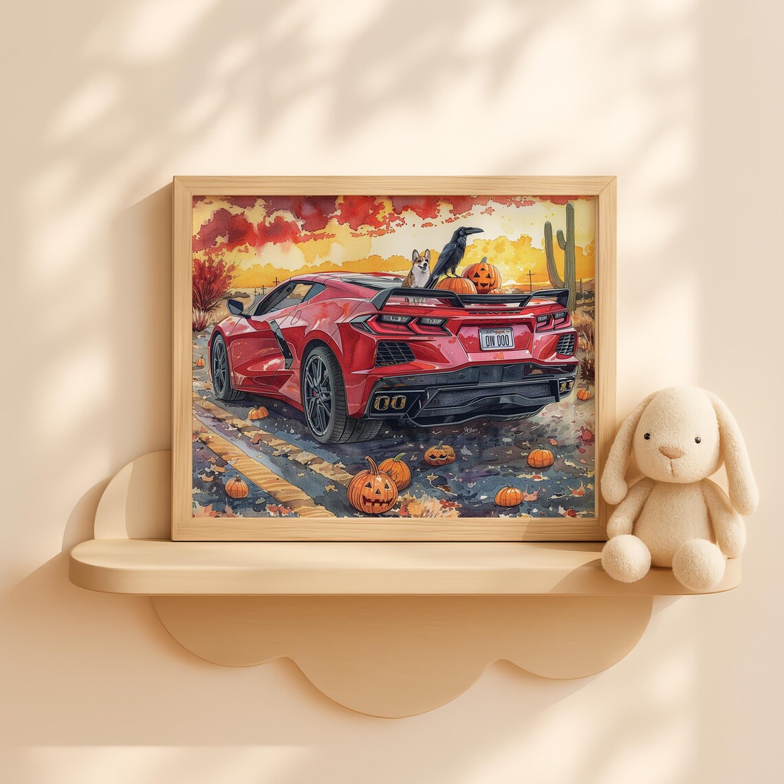 Red Corvette Desert Halloween Pumpkins Corgi Crow Watercolor Poster