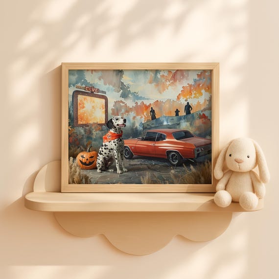 Dalmatian Dog Halloween Drivein Car Scene Small Town Fall Wall Art Spooky Autumn Landscape Pumpkin Painting