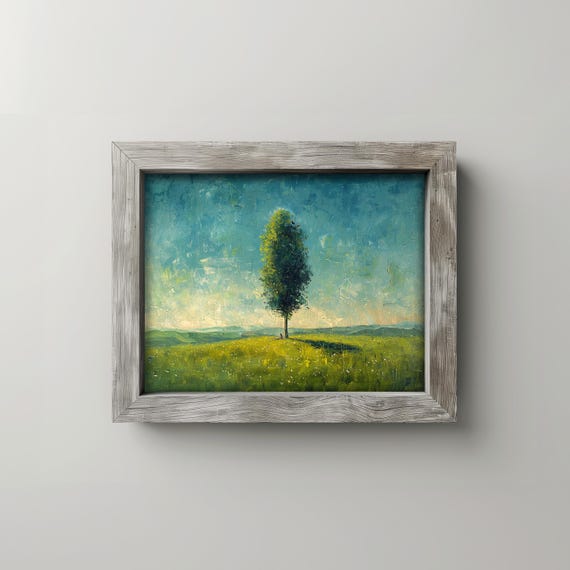 Lone Tree In Green Meadow Minimalist Landscape Wall Art Earthy Spring Field Painting