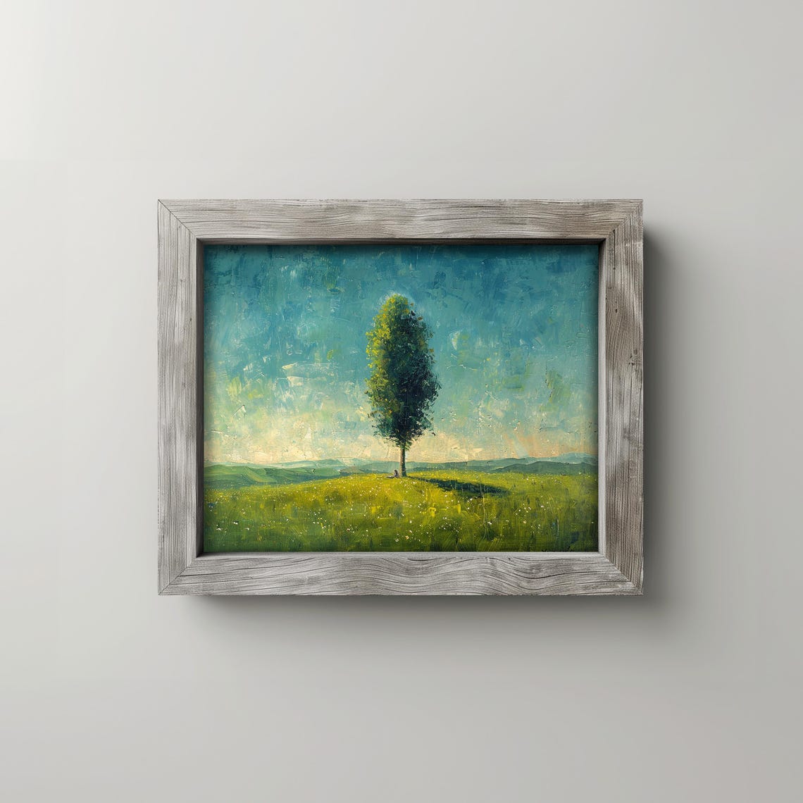 Lone Tree In Green Meadow Minimalist Landscape Painting Print