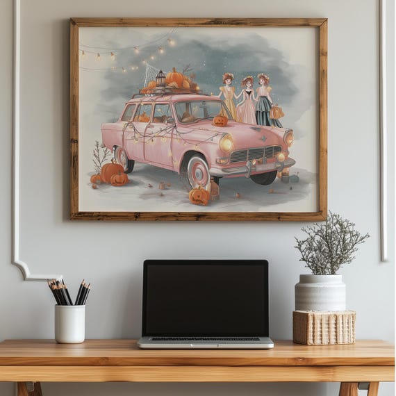 Halloween Car Art Print Pink Checker Cab Pumpkins