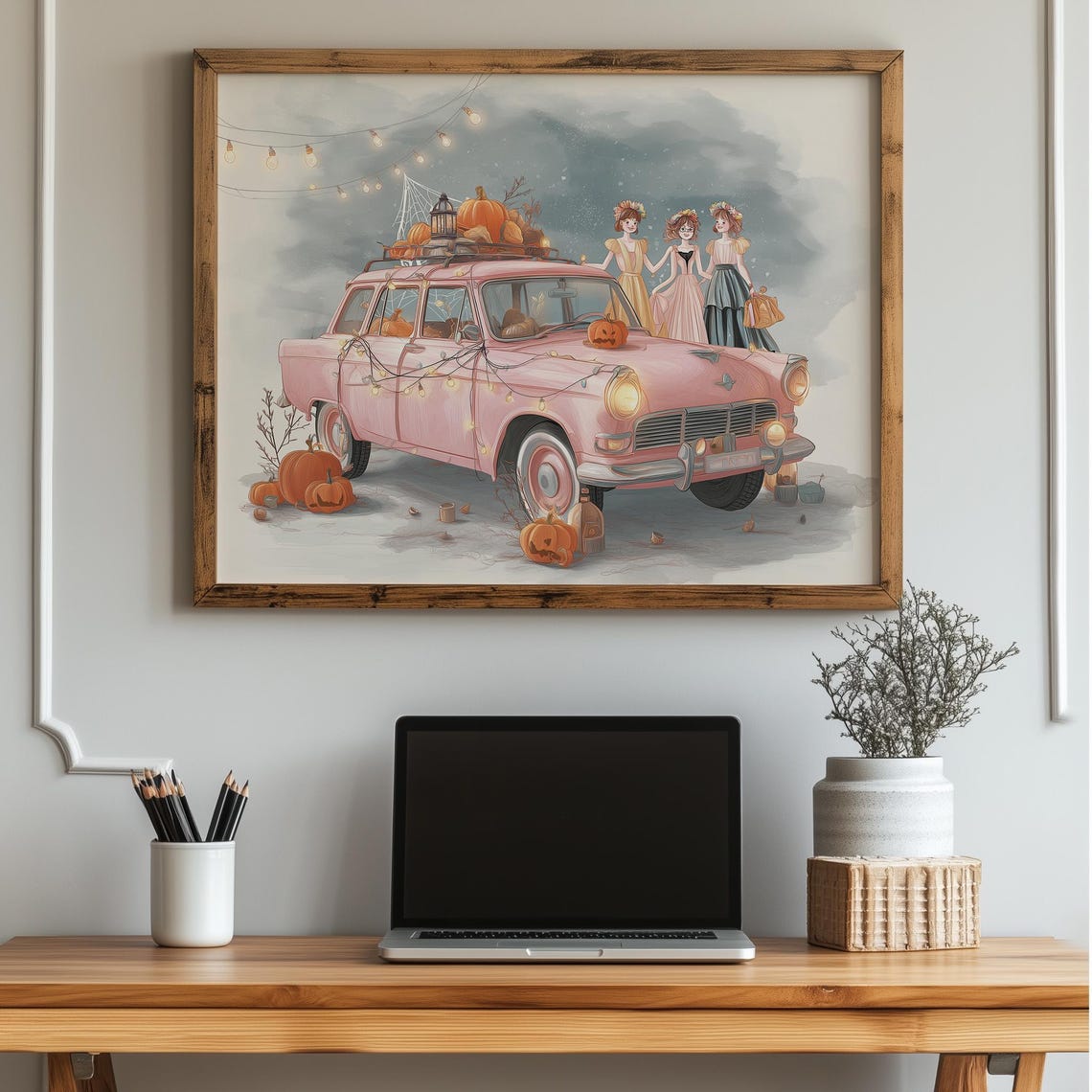 Halloween Car Art Print Pink Checker Cab Pumpkins