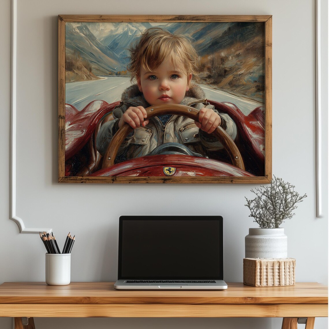 Cute Toddler Driving Red Race Car Mountain Road Nursery Poster