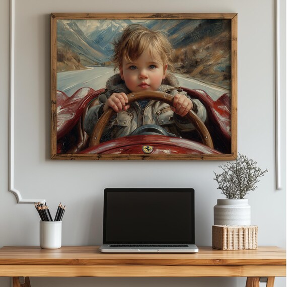 Cute Toddler Driving Red Race Car Mountain Road Nursery Poster