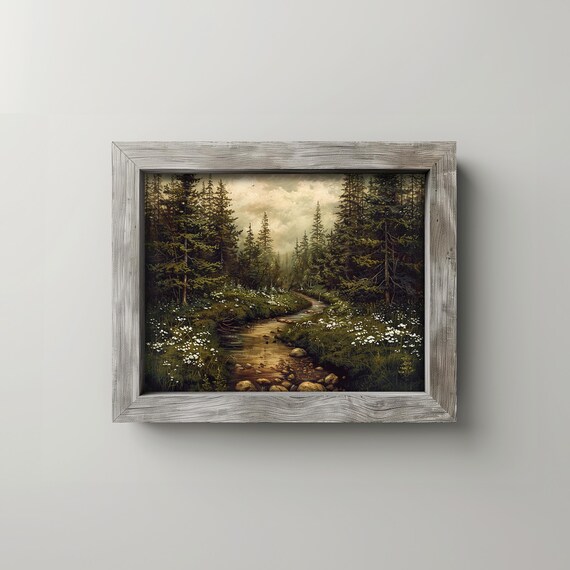 Forest Creek Winding Path Wall Art Moody Rustic Landscape Vintage Oil Painting Cottage Woods