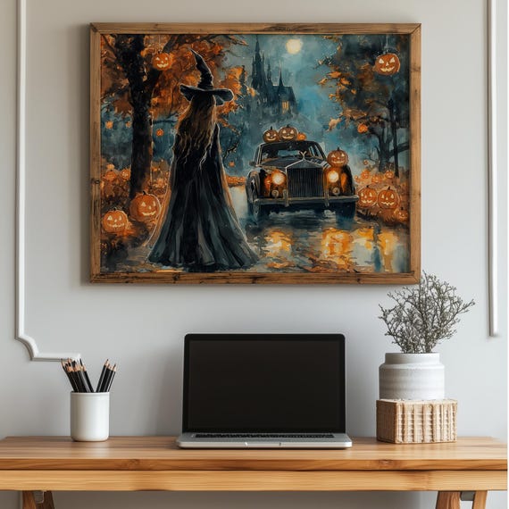 Elegant Witch In Long Cloak Spooky Autumn Forest Art Halloween Wall Decor Vintage Artwork