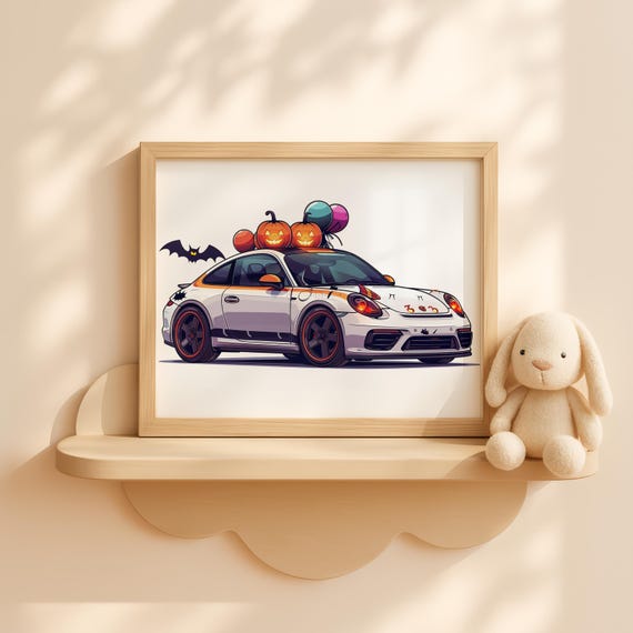 Halloween Sports Car With Pumpkins And Balloons Wall Art Cute Kids Room Fall Decor Spooky Print