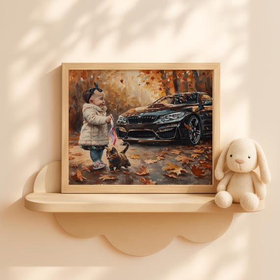 Baby Girl Beside Car In Autumn Scene Wall Art Dog Friend Painting Rustic Fall Decor For Nursery Room