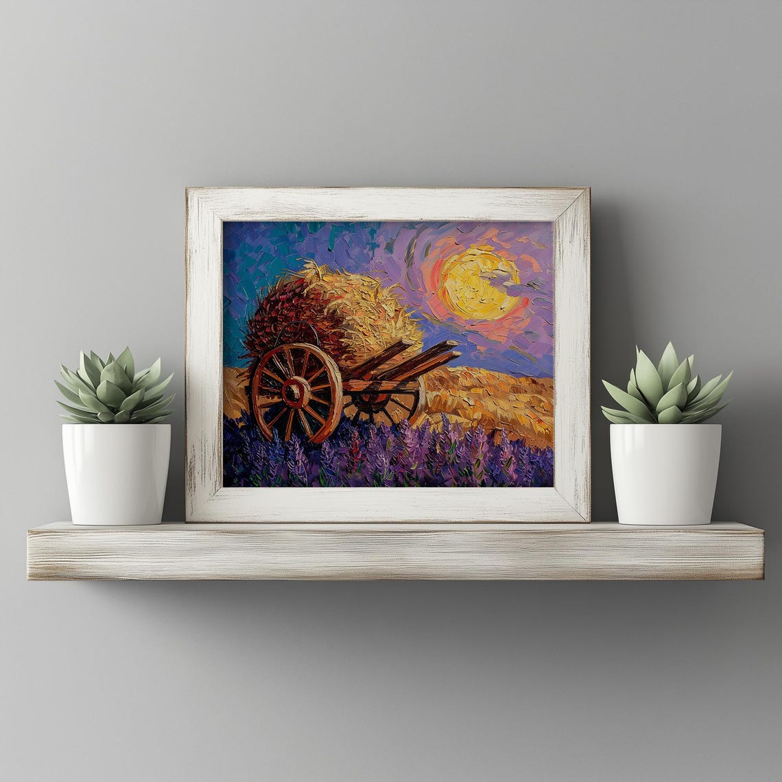 Hay Cart Haystack Lavender Field Sunset Impasto Painting Poster
