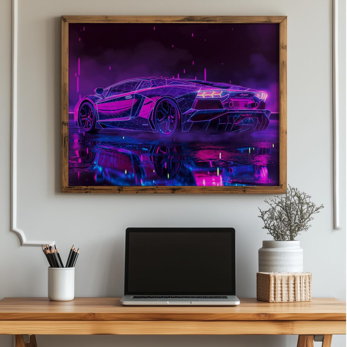 Neon Lamborghini Aventador Synthwave Wireframe Night Art Poster