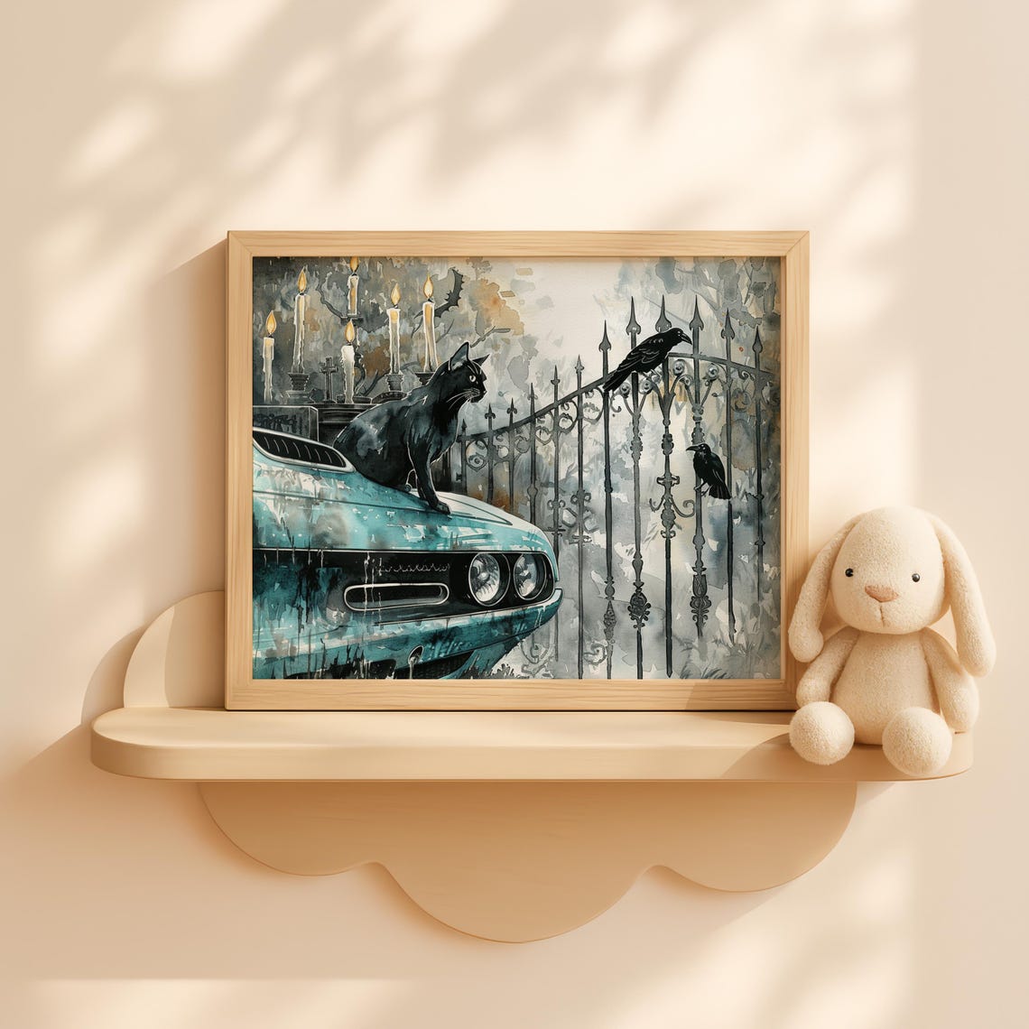 Cemetery Gate Car Art With Black Cat Gothic Halloween Wall Decor Spooky Vintage Painting Fall Night Scene