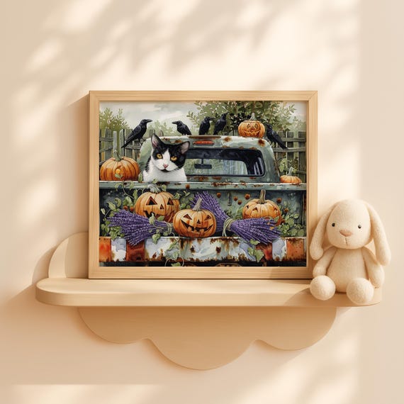 Rustic Halloween Cats With Pumpkins In Truck Cute Fall Farm Animals Kids Wall Art Decor Whimsical Autumn
