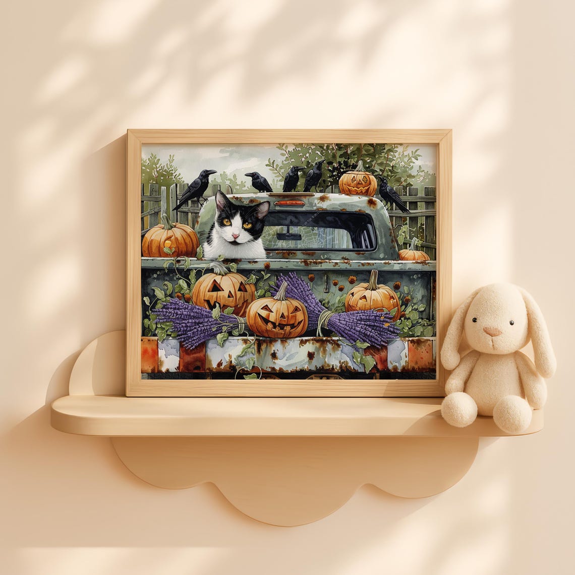 Rustic Halloween Cats With Pumpkins In Truck Cute Fall Farm Animals Kids Wall Art Decor Whimsical Autumn