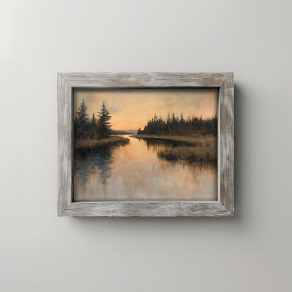 Dusky River Reflections With Grey Sky And Peach Tones Earthy Cottage Landscape Vintage Wall Art Fall Decor 28