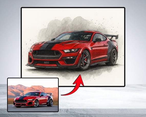 Red Ford Mustang Sketch Illustration Custom Car Portrait Art Poster