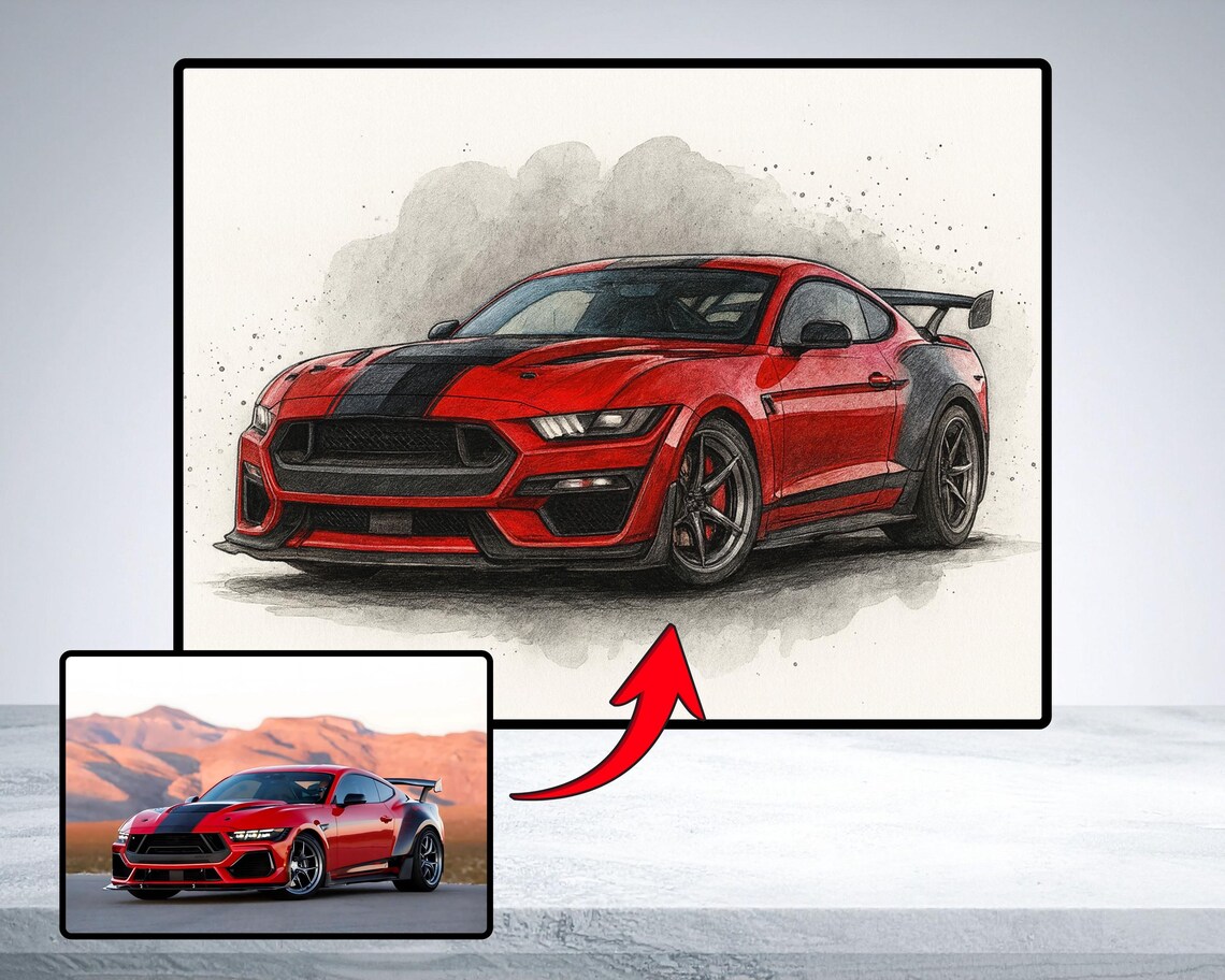 Red Ford Mustang Sketch Illustration Custom Car Portrait Art Poster