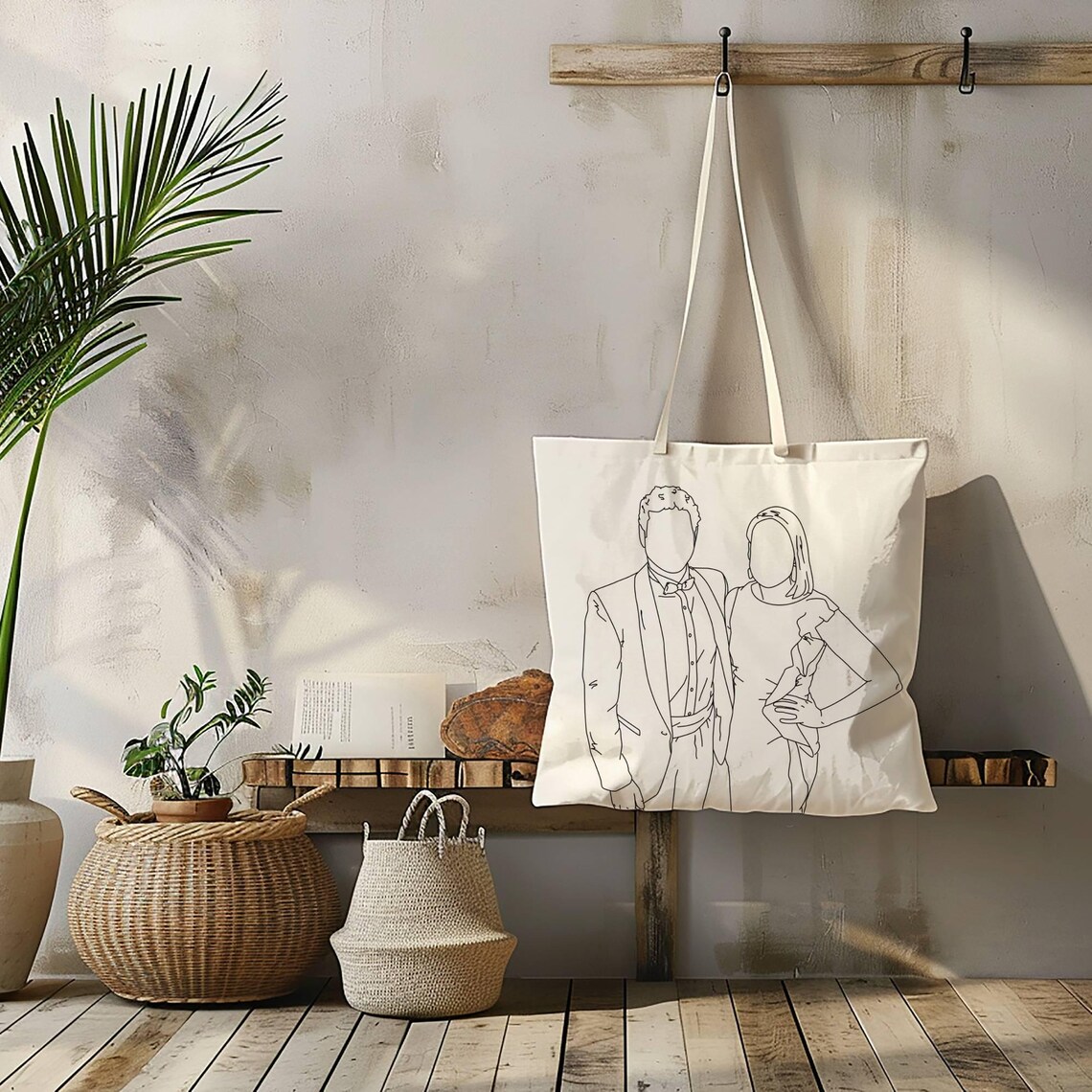 Summer Couple Line Illustration Custom Canvas Tote Bag Art Poster - Image 3
