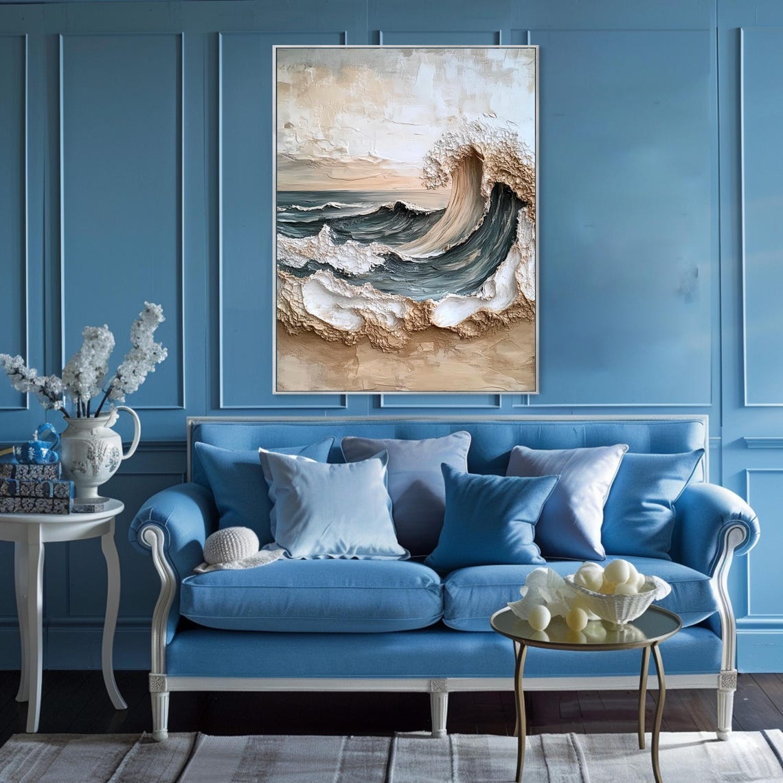 Powerful Curling Ocean Wave Dark Teal White Foam Textured Wall Art - Image 3