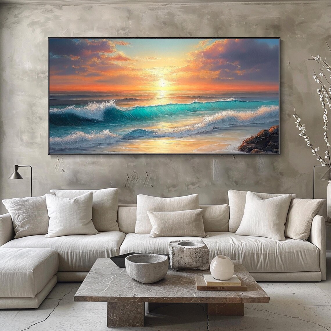Turquoise Ocean Wave Sunset Golden Sky Rocky Shore Surf Travel Poster - Image 4