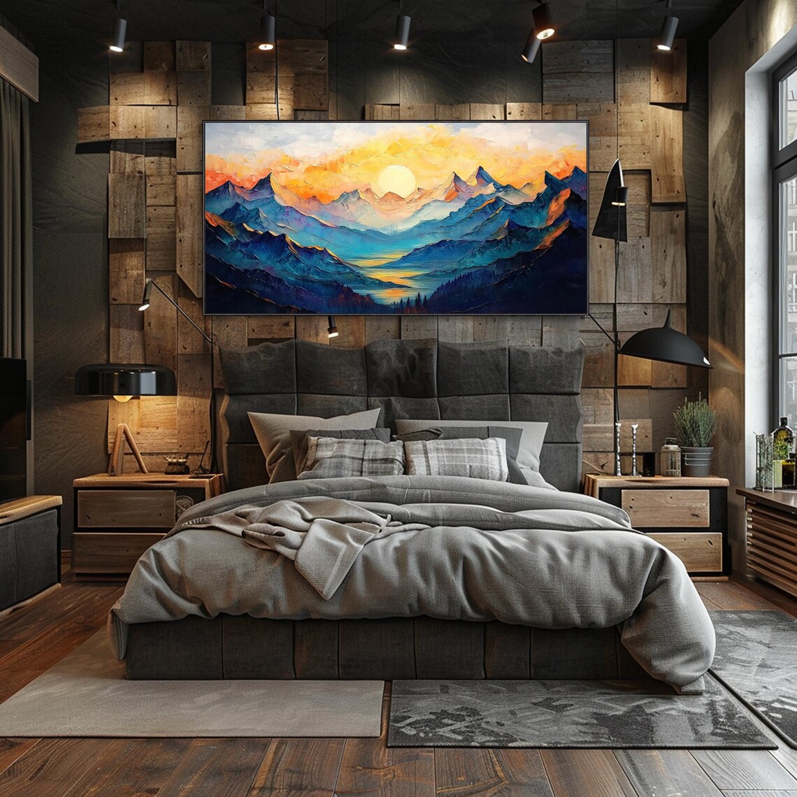Sunrise Blue Mountain Ranges Golden Sky Impasto Landscape Art Poster - Image 3