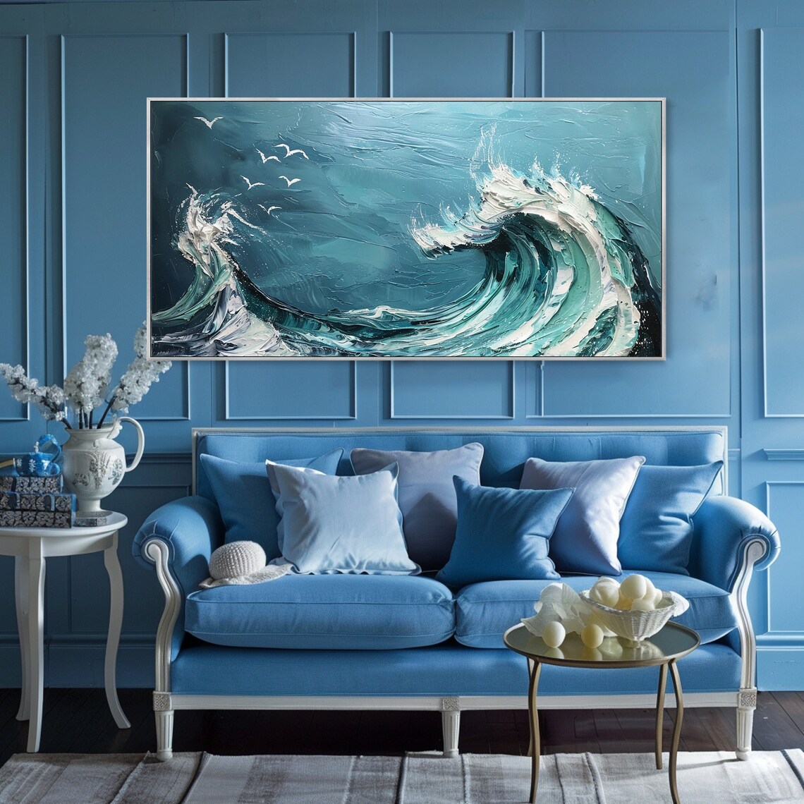 Turquoise Crashing Wave Seagulls White Foam Ocean Art Poster - Image 2