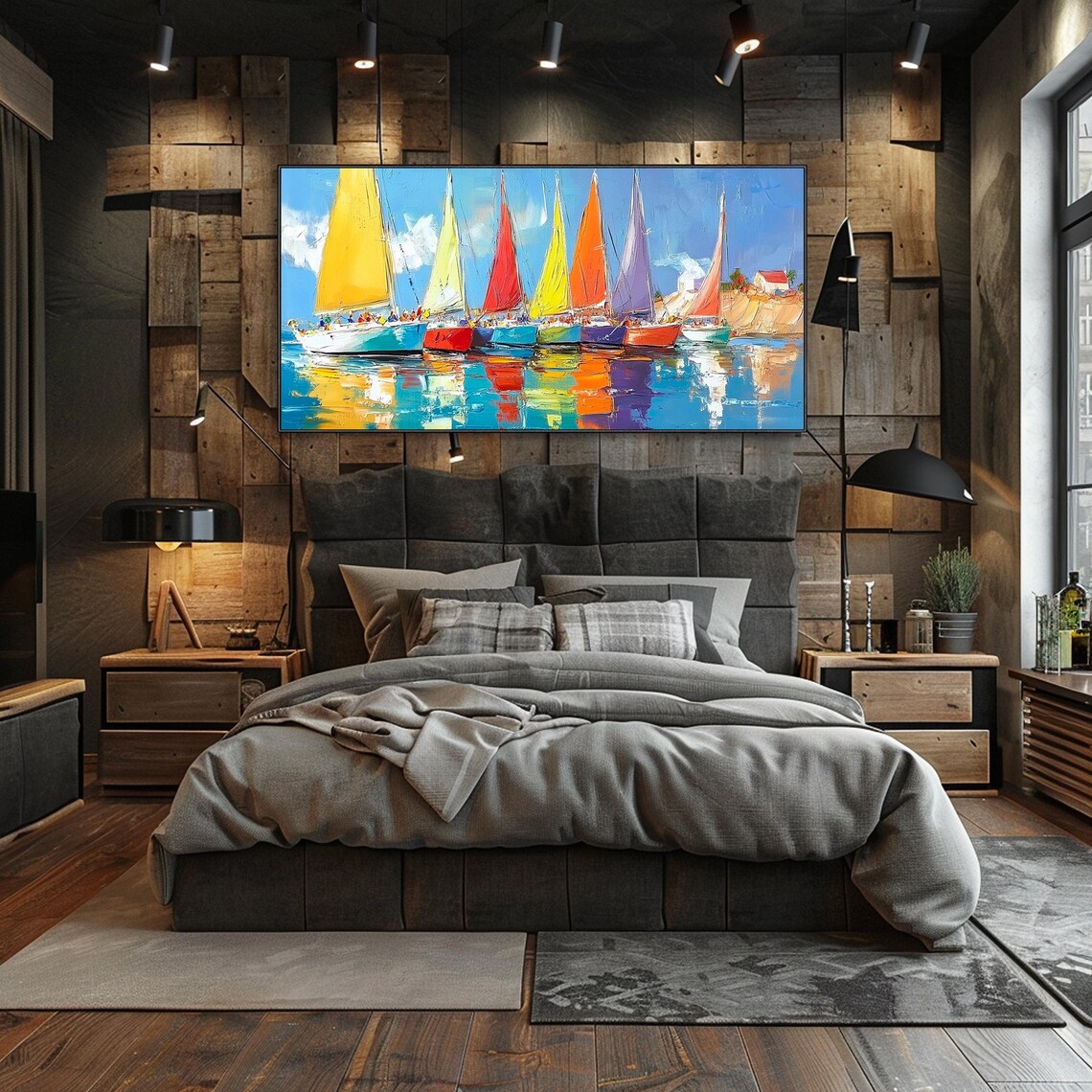 Colorful Sailboats Harbor Regatta Bright Sails Reflection Textured Wall Art - Image 4