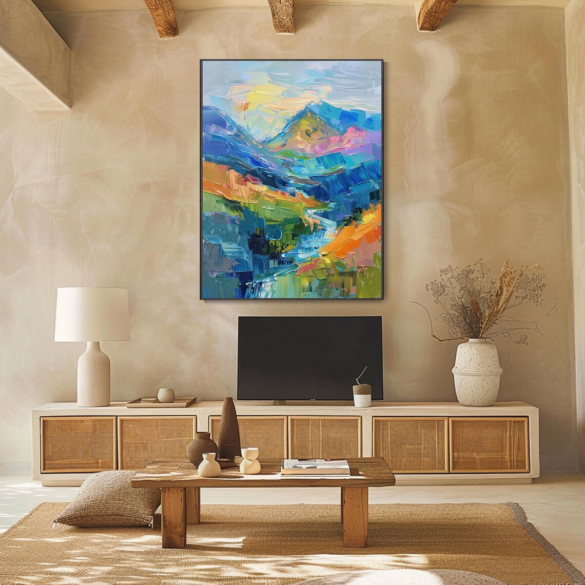 Abstract Blue Mountain Peaks Sunrise Impasto Landscape Art Poster - Image 2