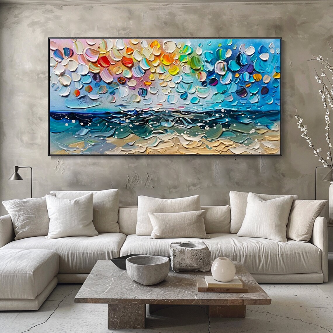 Colorful Dotted Sky Ocean Horizon Abstract Seascape Textured Art Travel Poster - Image 2